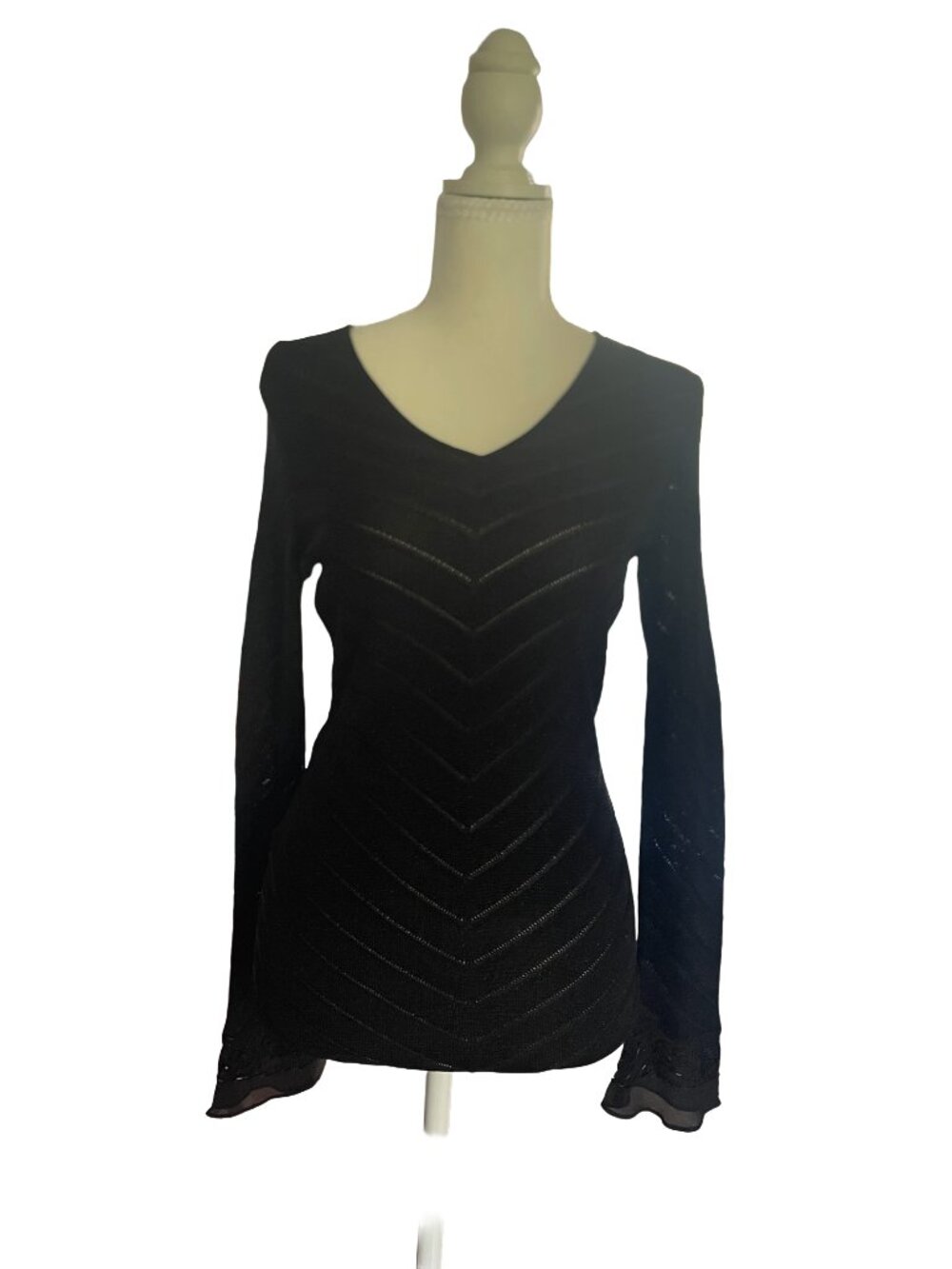 Ann Taylor Petite Black Metallic Beaded Knit Top MP Bell Sleeves